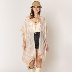 Size : 35.4" X 35.4" Material : 100% Polyester One-size Fall Vacation Cover-up, Summer Beach Brown Cardigan, Beige Wrap Cover-up For Spring, Oversized Brown Poncho For Spring, One Size Beige Kimono For Summer, Beige One-size Kimono For Summer, Casual Wrap Poncho One Size, One Size Brown Beach Outerwear, Spring Poncho With Kimono Sleeves