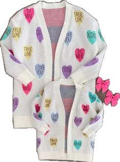 Sweet Long Sleeve Cardigan For Spring, Sweet Long Sleeve Spring Cardigan, Cute White Winter Cardigan, White Heart-shaped Sweater For Spring, White Long Sleeve Sweater For Valentine's Day, Cute White Long Sleeve Cardigan, Sweet Long Sleeve Cardigan For Fall, Sweet Long Sleeve Fall Cardigan, Cute Heart Graphic Sweater For Winter