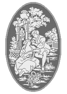 a black and white cross stitch pattern with an image of a woman sitting on a bench