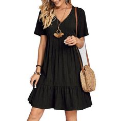 Women Ladies A-Line Mini Dress V-Neck Party Evening Summer Beach Sundress Casual Airy Dress, Plus Size Sleepwear, Sophisticated Dress, Vestidos Vintage, Vestido Casual, Plus Size Swimwear, Short Sleeve Dress, Babydoll Dress, Basic Style