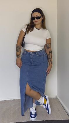 College Outfits Summer Plus Size, Summer Theme Outfit Ideas, Everyday Spring Outfits Plus Size, Long Skirt Outfits For Summer Plus Size, Plus Size European Fashion, Long Denim Skirt Outfit Plus Size, Mid Size Aesthetic Summer, Trendy Plus Size Outfits Summer, Plus Size Denim Skirt Outfit