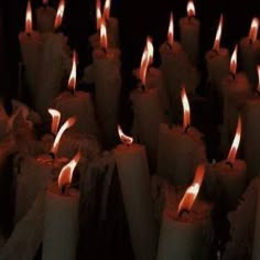 many lit candles are lined up in rows