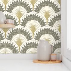 the wallpaper in this kitchen is designed to look like fan