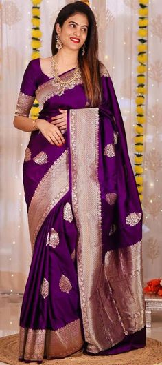 Party Wear, Traditional Purple and Violet color Art Silk, Silk fabric Saree : 1886556 Party Wear Traditional, Mysore Silk Saree, Mysore Silk, Traditional Saree, Violet Color, Indian Sarees Online, Mysore, Traditional Sarees, Color Art