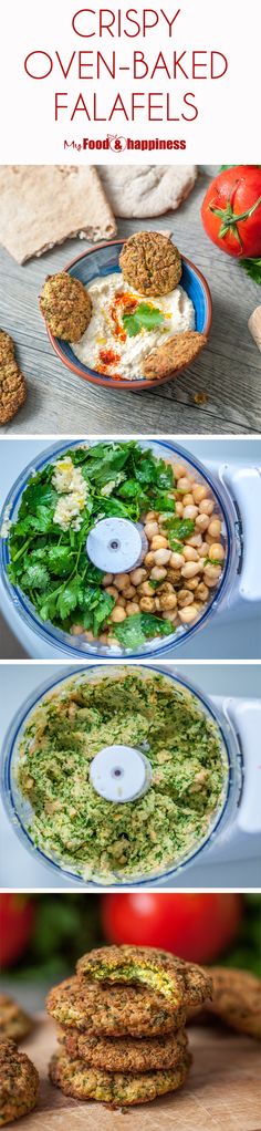 several different pictures of food on plates with the words crispy oven - baked falafels