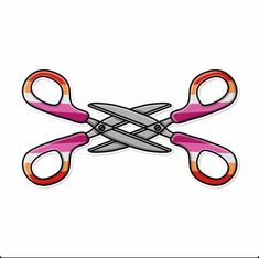 two pairs of scissors with pink and orange handles on white background, cut in half