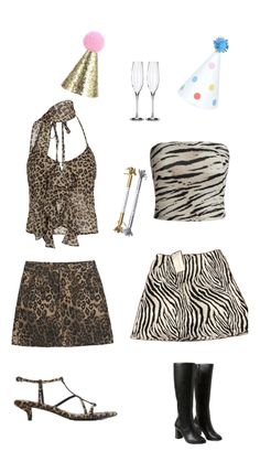 various items are arranged in the shape of an animal print skirt, top, and boots