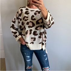 Animal Print Dolman Sleeve Oversized Fit Sweater. A Fall Favorite! Super Cute And Fun To Wear. Brown, Pink, Cream. Long Sleeves. Oversized Fit. 100% Acrylic. I Am Modeling Size S. Fit Is True To Size. New Boutique Item. Animal Print Oversized Casual Business Casual Comfy Boho Gift Oversized Casual Leopard Print Sweater, Casual Leopard Print Sweater, American Eagle Sweaters, Business Casual Comfy, Navy Blue Crewneck, Batwing Sweater, Velvet Sweater, Textured Knit Sweater, Layered Sweater