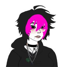 a drawing of a person with pink hair and piercings on their ears, wearing a black hoodie