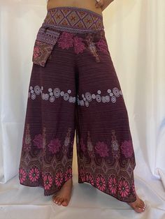 "Waist: Approx.19\" to 38\" Hips: Approx. 19\" to 38\" Length: Approx.37\" Material : 100% Organic cotton This Cotton Plazzo Pant with Hand Embroidery has the adjustable waist with elastic and fits most sizes and is perfect for practising yoga , dancing and can be dressed up. The embroidery on the top can be little different as it is hand embroidery. WE GLADLY ACCEPT FREE RETURNS" Bohemian Wide Leg Bottoms With Pockets, Bohemian Brown Pants With Pockets, Hippie Yoga Bottoms With Elastic Waistband, Non-stretch Bohemian Wide Leg Pants With Pockets, Bohemian Stretch Yoga Pants With Elastic Waistband, Bohemian Stretch Bottoms For Yoga, Bohemian Wide-leg Pants With Pockets, Hippie Wide Leg Pink Pants, Pink Wide Leg Hippie Pants