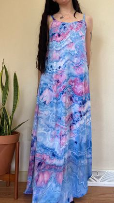 Rayon maxi dress ice dyed with Dharma procion dyes Tie Dye Patterns Diy, Ice Tie Dye, Ice Dresses, Flowy Maxi Dress, Ice Dyeing, Dyed Dress, Tie Dye Patterns, Tie Dye T Shirts, Dress Clothes For Women