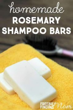 homemade rosemary shampoo bars on a yellow towel with a toothbrush in the background