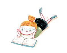 a drawing of a girl reading a book with toothbrushes and an open book