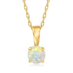 Ross-Simons - Opal Pendant Necklace in 14kt Yellow Gold. 18". RS Pure. Modern designs that complete your outfit and complement your personality. Create unique layers with this dainty necklace. Crafted in polished 14kt yellow gold, the 4mm opal pendant suspends from a simple rope chain. Springring clasp, opal pendant necklace. Opal birthstones are the perfect gift for October birthdays. Gold Opal Necklace, Dainty Opal Necklace, October Birthdays, Jewelry Presentation, Opal Birthstone, Necklace Opal, Opal Pendant Necklace, Yellow Gold Jewelry, Natural Gold