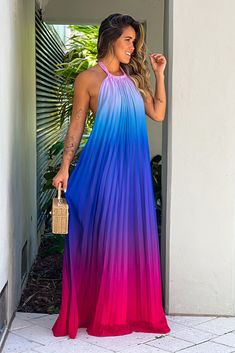 Pink And Purple Halter Neck Maxi Dress | Maxi Dresses – Saved by the Dress Summer Party Maxi Dress With Color Block, Color Block Maxi Dress For Vacation, Ombre Maxi Dress For Spring Evening, Multicolor Halter Neck Maxi Dress For Evening, Blue Color Block Maxi Dress For Vacation, Summer Evening Color Block Dress, Spring Party Color Block Maxi Dress, Chic Color Block Maxi Dress For Party, Multicolor Color Block Maxi Dress For Party