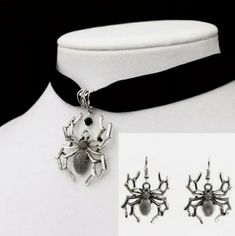 Spider Necklace & Earrings Set. Black Velvet Choker Necklace. Spiders Are Silvertone Alloy W/Antique Finish. Necklace Is Adjustable. Earrings Are Hook Style Posts. Metal Halloween Party Jewelry, Silver Alloy Jewelry For Evening, Party Black Jewelry Set, Elegant Black Alloy Jewelry, Metal Pendant Jewelry Sets For Party, Nickel-free Jewelry For Halloween Party, Black Alloy Halloween Jewelry, Black Alloy Jewelry For Halloween, Gothic Metal Jewelry For Party