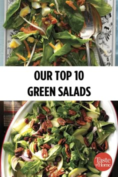 two plates filled with salad and the words our top 10 green salads on them