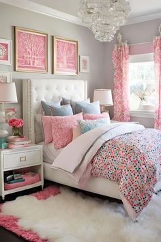 a bedroom decorated in pink and gray with white fur rugs on the floor, chandelier hanging above bed