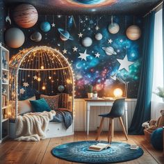 a bedroom with planets and stars painted on the wall