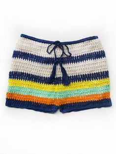 Women's Crochet Shorts | Baja Shorts | Anna Kosturova - annakosturova Bohemian Drawstring Shorts For Beach Season, Multicolor Beachy Bottoms For Festival, Crochet Beachwear Bottoms For Festival, Beachwear Crochet Bottoms For Festivals, Bohemian Crochet Shorts For Beach Season, Hippie Multicolor Shorts For Beach, Hippie Multicolor Shorts For The Beach, Multicolor Vacation Bottoms With Drawstring, Multicolor Drawstring Bottoms For Beach Season