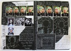 an open book with black and white images on it, including pictures of people wearing head scarves