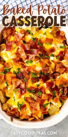 baked potato casserole with bacon and cheese in a white bowl