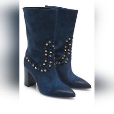 Free People Studded Dakota Blue Heel Boots. Sz 39 Eur/ Us 9. Nwot. Never Worn. Rubber Sole Shaft Measures Approximately 10.5" From Arch. Heel Measures Approximately 3.5 Inches. Flaunt A Stunning Look Wearing Free People Studded Dakota Heel Boot. Leather Upper. Pull-On Style Boots. Studded Detailing. Pointed Toe Design With Block Heels. High Ankle Length. Man-Made Sole Construction. Man-Made Insole. No Box. Made In Italy. Elegant Blue Heeled Boots For Evening, Elegant Blue Almond Toe Boots, Elegant Blue Boots With Reinforced Heel, Elegant Blue Suede Boots, Blue Heel Boots, Heel Boot, Blue Heels, Heels High, Free People Shoes