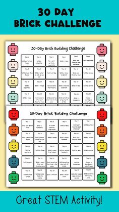 the 30 day brick challenge is shown in this printable activity