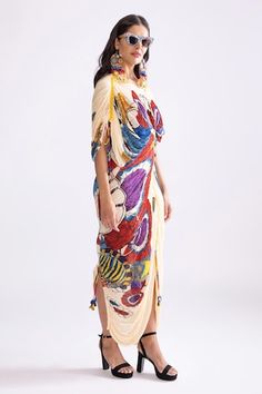 Multicolor kaftan style dress with trible print and adjustable drawstring sleeves. - Aza Fashions Kaftan Style Dresses, Kaftan Style, Multicolor Dress, Cotton Silk, Pleated Dress, Dress Pattern, Silk Printing, Aza Fashion, Dresses Online