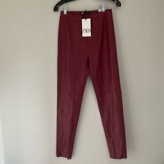 Zara Pants Size Small New With Tags Legging Hi Rise Red Burgundy Long Pants For Spring, Spring Burgundy Long Pants, Red High Waist Leggings For Spring, High Waist Red Leggings For Spring, High Waist Burgundy Pants For Spring, Red Full-length Leggings For Spring, Spring High-waisted Burgundy Pants, Burgundy High-waisted Pants For Spring, Chic Burgundy Bottoms For Spring