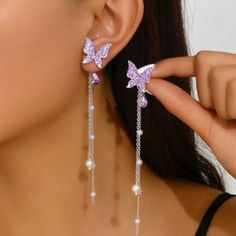 Elegant Purple Butterfly Pearl Earrings For Women! Uses: For All Occassions Eardrop Width:0.7inch Eardrop Heigth:4.2 Ninch Hoop Butterfly Earrings, Purple Butterfly Earrings, Purple Jewelry Aesthetic, Butterfly Clay Earrings, Dragon Goddess, Pearl Jewlery, Butterfly Accessories, Lilac Earrings, Purple Prom