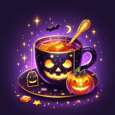 a cup filled with liquid and topped with halloween pumpkins next to a candy bar