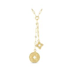 This Roberto Coin double medallion necklace features a circle medallion that is approximately 25mm and a flower medallion that is approximately 20mm. It has an approximate diamond total carat weight of .14 and is on an 18K yellow gold paperclip chain that is approximately 17" in length. The medallion chains are approximately 2" and 3". Luxury Engraved Medallion Pendant Necklace, Yellow Gold Charms Medallion Necklace, Elegant Medallion Pendant Necklace With Charms, Luxury Yellow Gold Medallion Necklace With Engraving, Luxury Yellow Gold Medallion Necklace With Engraved Detail, Luxury Yellow Gold Engraved Medallion Necklace, Luxury Yellow Gold Medallion Necklace Engraved, Elegant Medallion Necklace With Coin Pendant, Luxury Yellow Gold Medallion Necklace