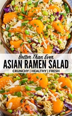 A fresh HEALTHY version of the ridiculously amazing Asian ramen salad made with better, fresher ingredients! With crunchy cabbage coleslaw, mandarin oranges, almonds, and the signature ramen noodles, this oriental salad is ADDICTIVE. The perfect side dish for any potluck! Everyone will be asking for the recipe! #wellplated #ramensalad #asianramensalad Pasti Fit, Ramen Noodle Salad, Ramen Salad, Asian Rice, Mandarin Oranges, Healthy Version