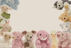 a group of stuffed animals sitting next to each other on a white background with space in the middle