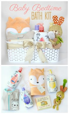 baby bedtime bath kit with teddy bear and other items in the basket on top