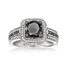 Ross-Simons - 2.00 ct. t. w. Black and White Diamond Ring Round Cut in Sterling Silver. Size 5. A classic diamond look is made modern with a high-contrast palette of black and white. This ring boasts a 1.74 carat round black diamond in a haloed three-row setting of .26 ct. t. w. black and white diamonds. Set in sterling silver. Black rhodium. 3/8" wide. White and black diamond ring. Diamond birthstones are the perfect gift for April birthdays. White Diamond Jewelry, Diamond Ring Round, Black Diamond Earrings Studs, Diamond Skull, Black Diamond Engagement Ring, Black Diamond Jewelry, Jewelry Presentation, Black Engagement Ring, Diamond Evil Eye