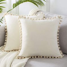 two white pillows sitting on top of a couch next to a potted palm tree