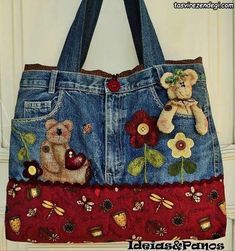 a handbag made from an old pair of jeans with teddy bears and flowers on it