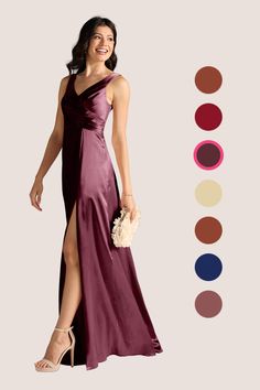 a woman in a long purple dress with her legs slited up and the color swatches