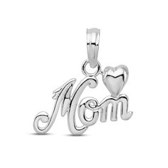 This beautiful charm features the word "Mom" spelled out in an elegant font and topped by a heart. Crafted in sterling silver with a high polish finish, the charm can be paired with a chain of your choosing (sold separately). Elegant Heart Charms For Mother's Day, Sterling Silver Initial Pendant Charms For Anniversary, White Gold Heart Charms For Anniversary, White Gold Heart Charm For Anniversary, Elegant Mother's Day Pendant Charms, Elegant Pendant Charms For Mother's Day, Mother's Day Sterling Silver Initial Pendant Charm Necklace, Mother's Day Sterling Silver Charm Necklaces, Sterling Silver Charm Necklace For Mother's Day