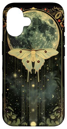 a phone case with an image of a moth on the moon and stars in the sky