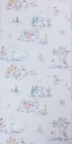 a white wallpaper with cartoon animals and houses in the snow on top of it