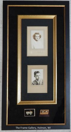 two framed pictures are on display in a black and white frame with gold trimmings