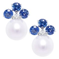 Cornflower Blue Sapphire, South Sea Pearls Earrings, Symmetrical Design, Earrings Design, Sea Pearl, Amethyst Jewelry, South Sea Pearls, Sea Pearls, Blue Pearl