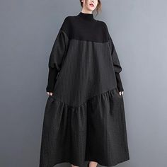 Women's Oversized Turtleneck Patchwork Pullover A Line Funky Ruffle Hem Dress Runs Shorter Than Looks On Model New With Tags Oversized Black Patchwork Dress, Black Patchwork Dress For Fall, Physical Project, Black Aline Dress, Brown Cotton Dress, Baggy Dress, Pink Linen Dress, Baggy Dresses, Batwing Dress