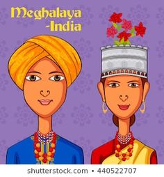 Meghalaya Illustration, Meghalaya Drawing, Meghalaya Traditional Dress, Indian Face Painting, Rajasthani Couple, India Costume, Cartoon Wedding Invitations, Couple Vector, Art Room Posters