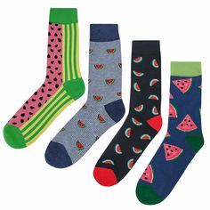 These 4 watermelon pattern socks will have you ready for a picnic. Best worn on your feet and do not consume. 4 Pack Bundle - Free Shipping Included Main colors: Multicolor Our Sock Construction + Materials ·        80% Combed Cotton ·        17% Nylon ·        3% Spandex + Size (Our socks fit both men and women) Men's shoe size 8-12, women's shoe size 9-13. Anywhere in that range, your feet will be a perfect match. + Wide No-Slip Cuff Band Ensures the socks stay put under tough circumstances. + Casual Multicolor Socks For Summer, Casual Multicolor Summer Socks, Fun Multicolor Summer Socks, Comfortable Red Socks For Summer, Fun Pink Socks For Summer, Green Summer Socks, Green Cotton Summer Socks, Watermelon Dress, Watermelon Pattern