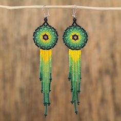 Elaborated with verdant hues of green and yellow a majestic pair of waterfall earrings is handcrafted with petite glass beads. Learning from her parents and grandparents Mexican artisan Adriana Trejo designs this inspiring accessory. Each earring dangles from a hook of sterling silver. Seed Bead Designs, Hoop Earrings Diy, Waterfall Earrings, Native Earrings, Beaded Jewelry Earrings, Beaded Chandelier Earrings, Hues Of Green, Pearls Diy, Seed Beading