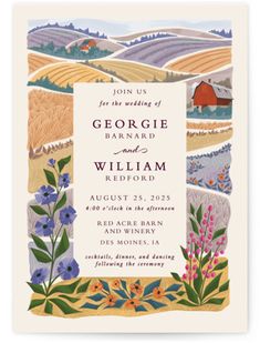 a wedding card with an illustration of farm scenes and flowers on the front, in white paper